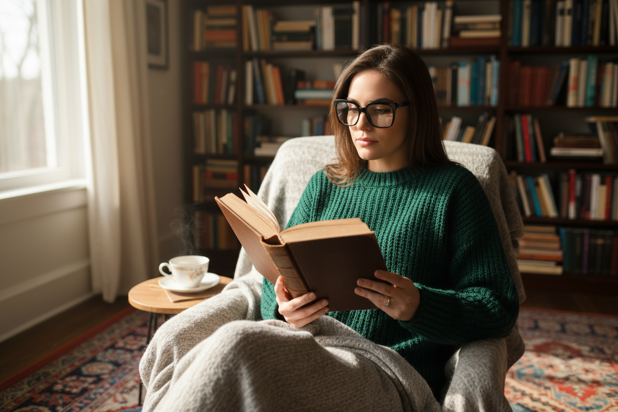 mulher a usar oculos quadrados de armação preta a ler algum livro